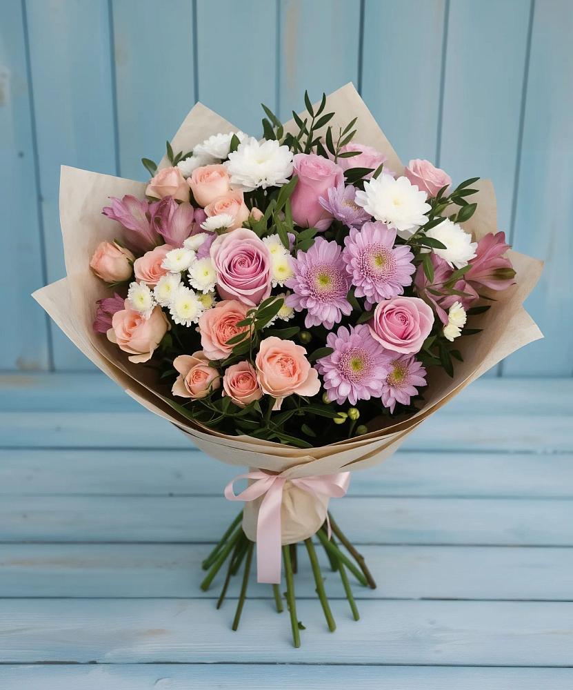 Букет цветов из: Хризантемы, Розы и Альстромерии в Волосово