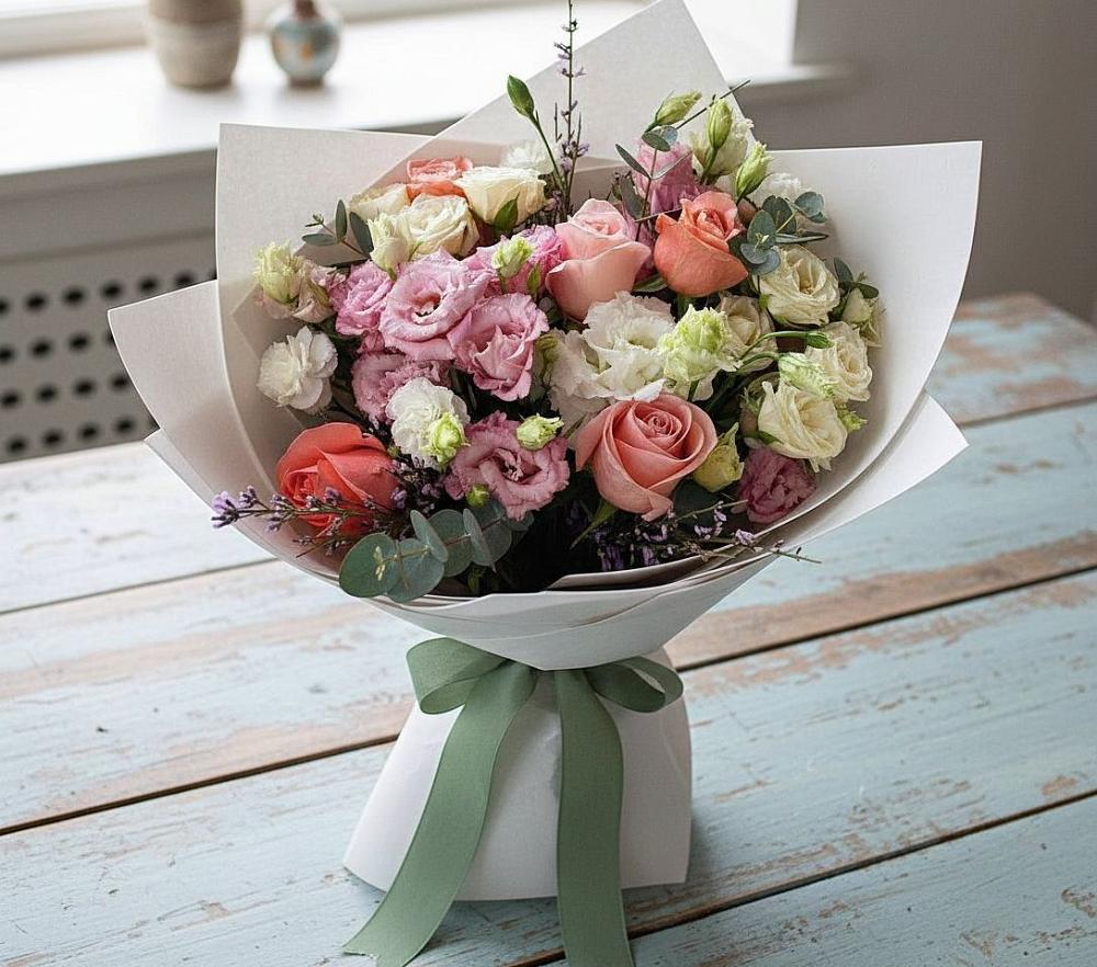 Букет цветов из: Розы, Лизиантусы и Гвоздики в Волосово