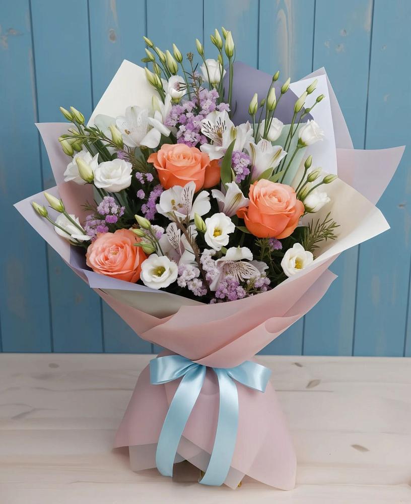 Букет цветов из: Лизиантусы, Розы, Альстромерии и Гипсофила в Волосово