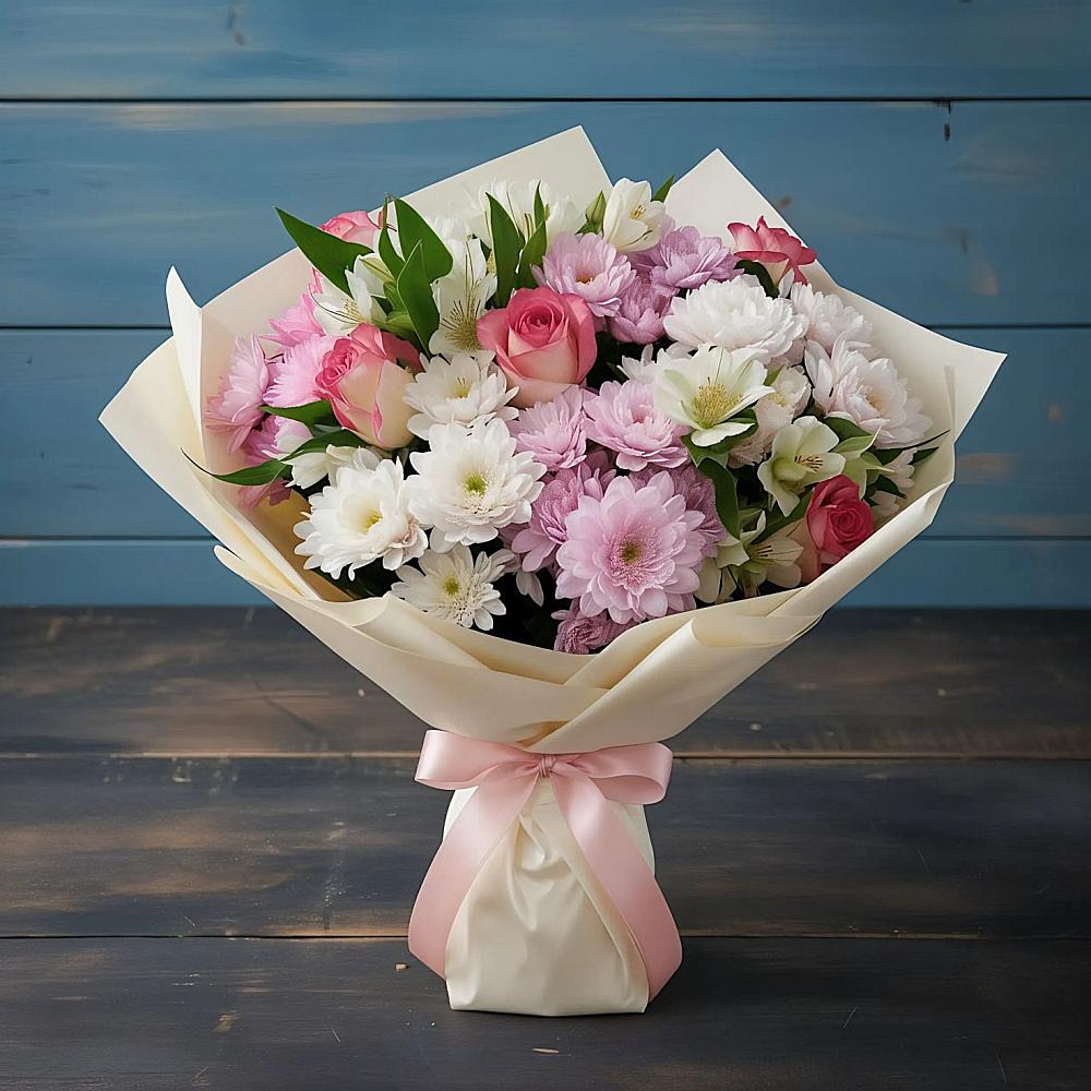 Букет цветов из: Хризантемы, Альстромерии и Розы в Волосово